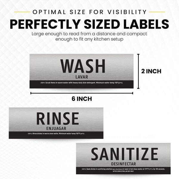 Fuel Stickers Wash Rinse Sanitize Sink Labels, Brushed, 3 Compartment Sink Stickers, 6in x 2in, 1 Set - WRS-BRUSHED-1