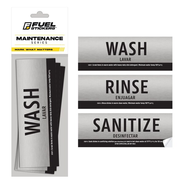 Fuel Stickers Wash Rinse Sanitize Sink Labels, Brushed, 3 Compartment Sink Stickers, 6in x 2in, 1 Set - WRS-BRUSHED-1