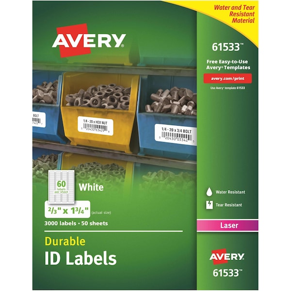 Avery Avery Durable ID Labels with TrueBlock Technology, 61533, Laser, 2/3" x 1-3/4", White, Pack of 3000 - 7278261533