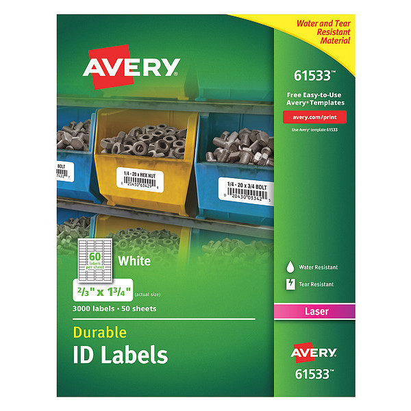 Avery Avery Durable ID Labels with TrueBlock Technology, 61533, Laser, 2/3" x 1-3/4", White, Pack of 3000 - 7278261533