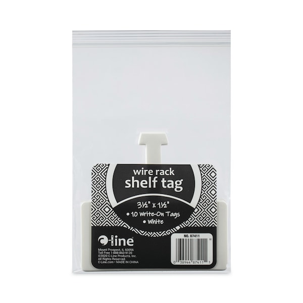 C-Line Products Wire Rack Shelf Tag, Side Load, 3.5 x 1.5, White, PK10 - 87411