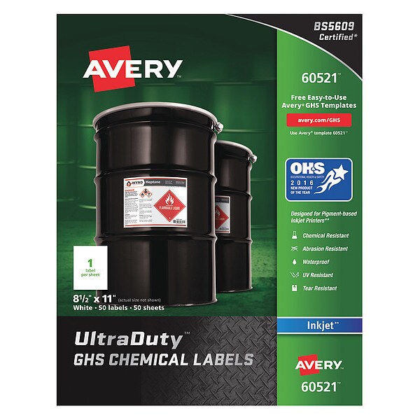 Avery 8-1/2" x 11" GHS Chemical Labels for Inkjet Printers, 50 labels/50-sheets - 7278260521