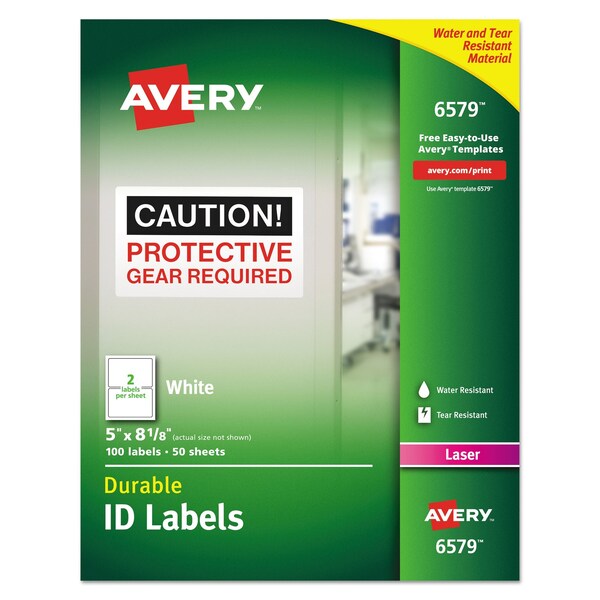 Avery Durable Permanent ID Labels w/TrueBlock, Laser, 5x8.13, White, PK100 - 06579