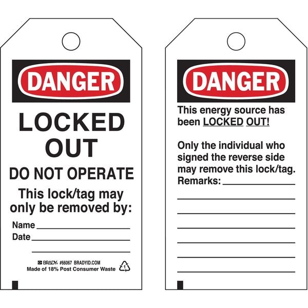 Brady Danger Tag, 5-3/4 x 3 In, OSHA, Brs, PK25, 66067 - 66067