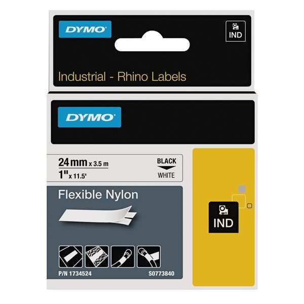 Dymo Rhino Flexible Nylon Industrial Label Tape, 1" x 11.5 ft, White/Black Print - DYM1734524