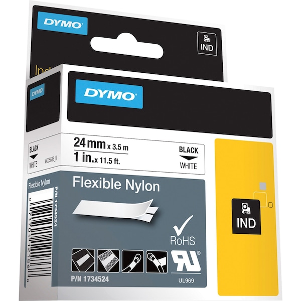 Dymo Rhino Flexible Nylon Industrial Label Tape, 1" x 11.5 ft, White/Black Print - DYM1734524