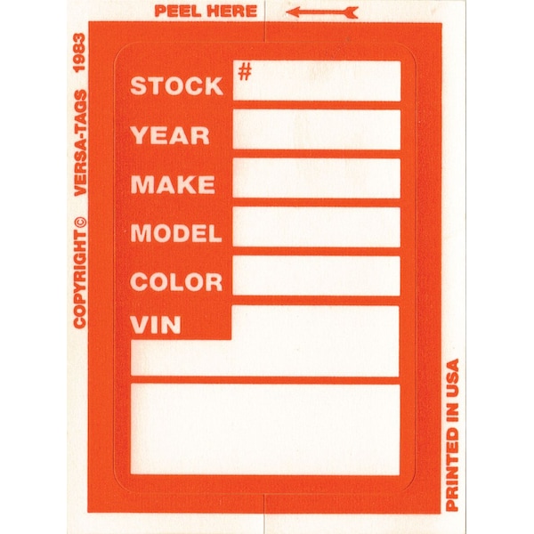 Car Dealer Depot Versa-Tag Kleer-Bak Stock Stickers, 3" X 4", 100 Per Box: Orange Pk - 424
