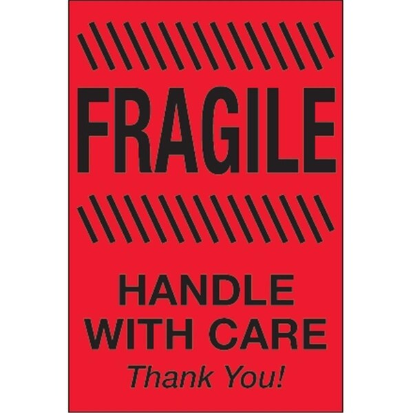Bondad 4 x 6 in. - Fragile - Handle with Care Fluorescent Red Labels - Roll of 500 - BO3348797