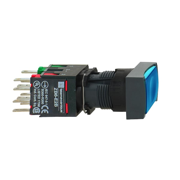 Botón pulsador iluminado completo de Schneider Electric, Harmony XB6, botón pulsador azul rectangular con iluminación empotrable de Ø 16 con retorno por resorte 1NA + 1NC 12...24 V - XB6DW6B5B