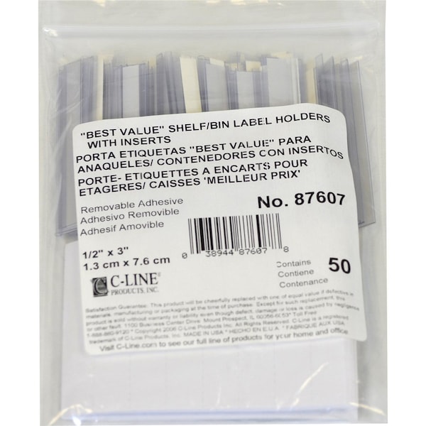 C-Line Products Peel/Stick Shelf Label Holders, 1/2"x3", 50/PK, CL 50PK - CLI87607