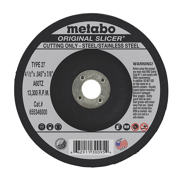 Metabo Abrasive Cut-Off Wheel, Type 27, 4-1/2 in Dia, 0.045 in Thick, 7/8 in Arbor Hole Size, A60TZ Series - 655346000