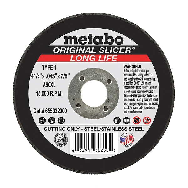 Metabo Abrasive Cut-Off Wheel, Type 1, 4 1/2 in Dia, 0.045 in Thick, 7/8 in Arbor Hole Size, 60 Grit - 655332000