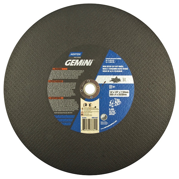 Norton Abrasives Abrasive Cut-Off Wheel, Type 1, 14 in Dia, 0.125 in Thick, 1 in, 20 mm Arbor Hole Size, 24 Grit - 66252837841