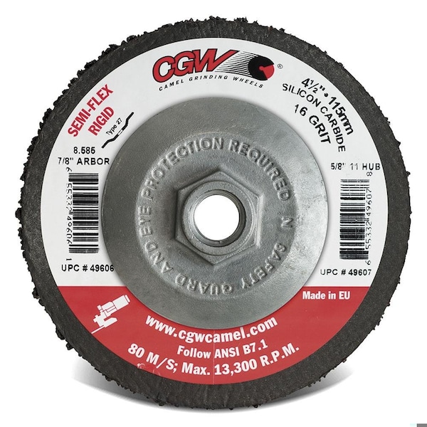 Cgw Abrasives Type 27 Flat Semi-Flex Rigid Coated Abrasive Depressed Center Disc, 4-1/2 in Dia, 24 Grit, Coarse Gr - 49609