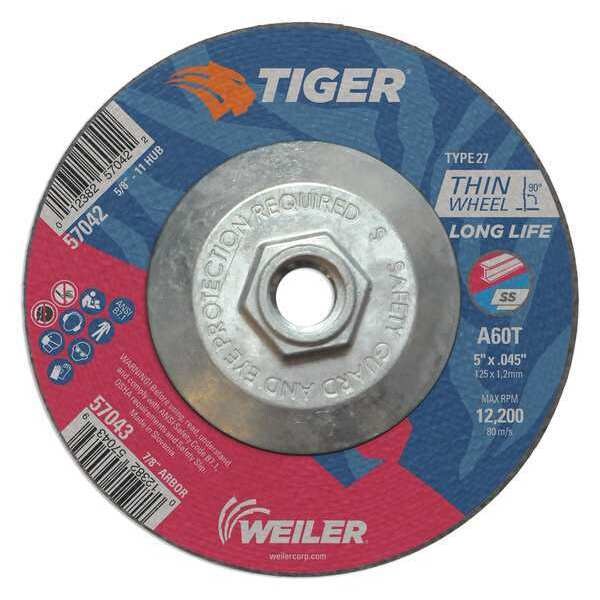 Tiger Cutting Wheel, Type 27, 5 in Dia, 0.045 in Thick, 5/8 in-11 UNC Nut Arbor Hole Size, Aluminum Oxide - 57042