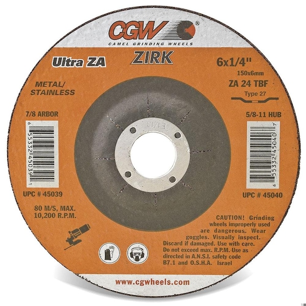 Cgw Abrasives Flat Depressed Center Wheel, 5 in Dia x 1/4 in THK, 24 Grit, Aluminum Oxide Abrasive - 35628