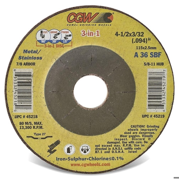 Cgw Abrasives 3-in-1 High Performance Depressed Center Wheel, 5 in Dia x 3/32 in THK, 36 Grit, Aluminum Oxide Abra - 45221