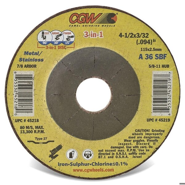 Cgw Abrasives 3-in-1 High Performance Depressed Center Wheel, 5 in Dia x 3/32 in THK, 7/8 in Center Hole, 36 Grit,  - 45220