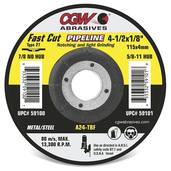 Cgw Abrasives Flat Depressed Center Wheel, 5 in Dia x 1/8 in THK, 24 Grit, Aluminum Oxide Abrasive - 45200