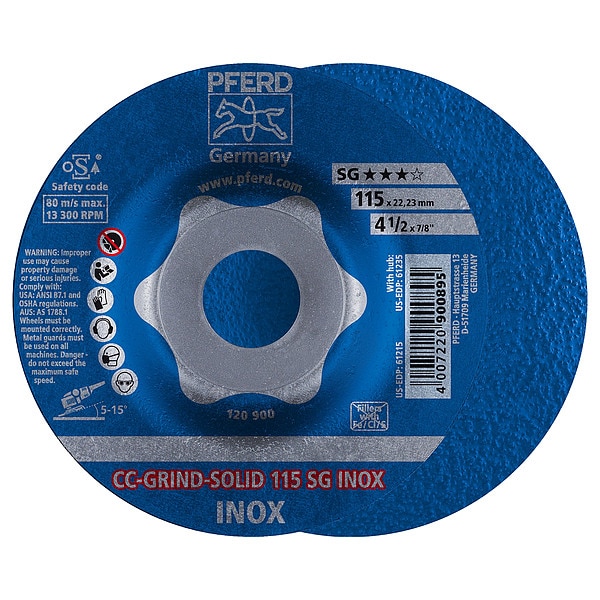 Pferd Depressed Center Grinding Wheel, Type 27, 4 1/2 in Dia, 0.125 in Thick, 7/8 in Arbor Hole Size - 61215