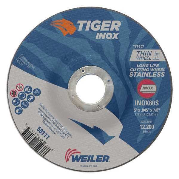 Tiger Inox Cutting Wheel, Type 27, 5 in Dia, 0.045 in Thick, 7/8 in Arbor Hole Size, Aluminum Oxide - 58111