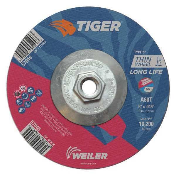 Tiger Cutting Wheel, Type 27, 6 in Dia, 0.045 in Thick, 5/8 in-11 UNC Nut Arbor Hole Size, Aluminum Oxide - 57044