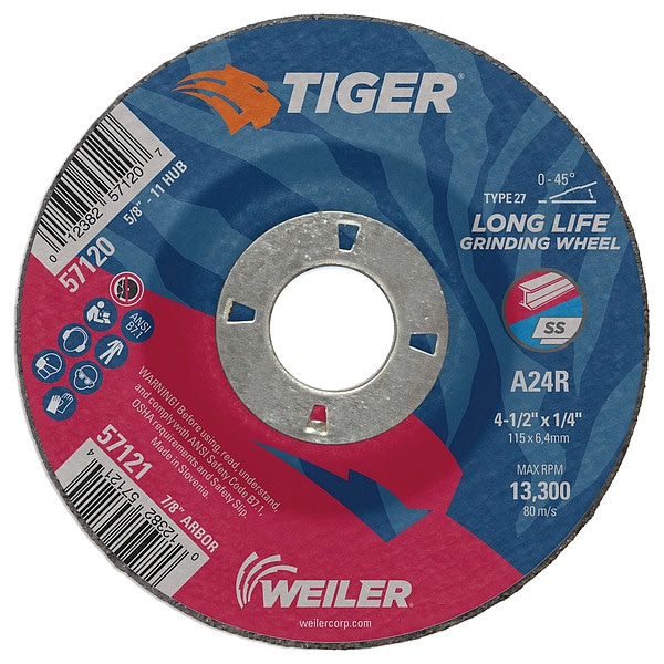 Tiger 4-1/2"x1/4" TIGER AO Type 27 Grinding Wheel A24R 7/8" A.H. - 57121