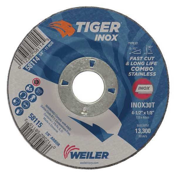 Tiger Inox Cutting Wheel, Type 27, 4 1/2 in Dia, 0.125 in Thick, 7/8 in Arbor Hole Size, Aluminum Oxide - 58115