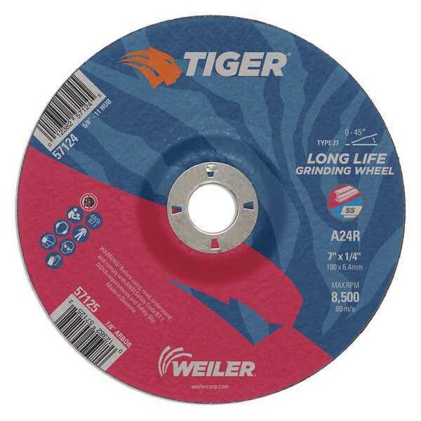 Tiger Grinding Wheel, Type 27, 7 in Dia, 1/4 in Thick, 7/8 in Arbor Hole Size, Aluminum Oxide - 57125