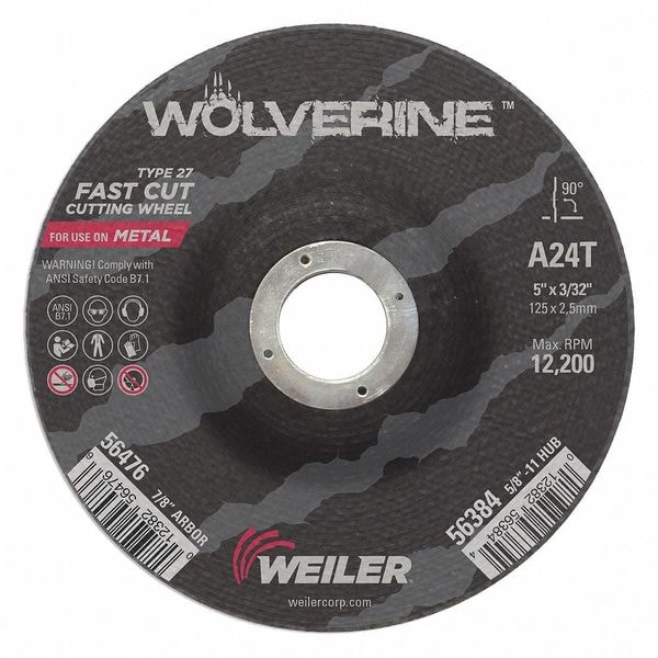 Weiler Cutting Wheel, Type 27, 5 in Dia, 0.0938 in Thick, 7/8 in Arbor Hole Size, Aluminum Oxide - 56476