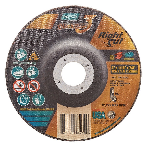 Norton Abrasives Depressed Center Cut-Off Wheel, Type 27, 5 in Dia, 0.0625 in Thick, 7/8 in Arbor Hole Size, Ceramic - 66252838464