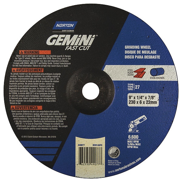 Norton Abrasives Depressed Center Grinding Wheel, Type 27, 9 in Dia, 0.25 in Thick, 7/8 in Arbor Hole Size, 24 Grit - 66253049077