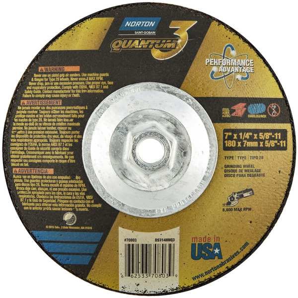 Norton Abrasives Depressed Center Grinding Wheel, Type 28, 7 in Dia, 0.25 in Thick, 5/8"-11 Arbor Hole Size, Ceramic - 66253370803