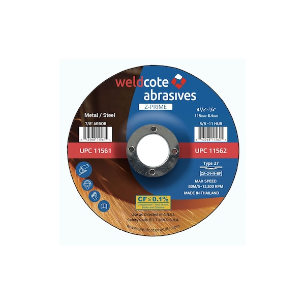 Z-Prime Right Angle Grinder Wheels, Grinding, Zirconia - PRIME, 4-1/2in x 1/4in x 7/8, 25PK - 11561