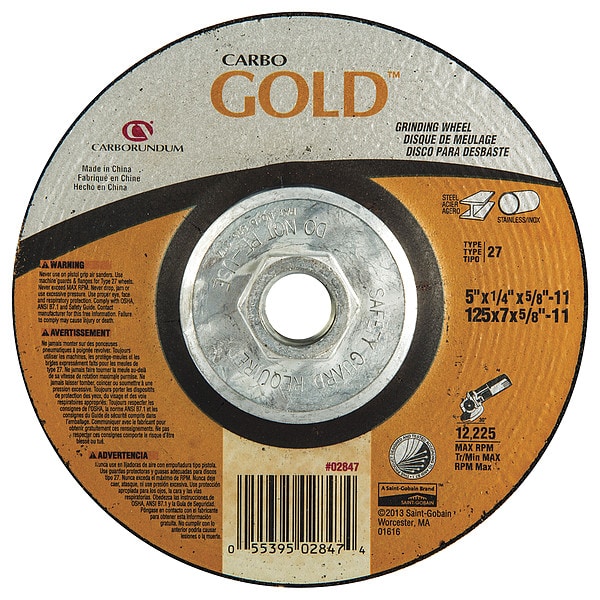 Zoro Select Depressed Center Grinding Wheel, Type 27, 5 in Dia, 0.25 in Thick, 5/8"-11 Arbor Hole Size, 24 Grit - 5539502847