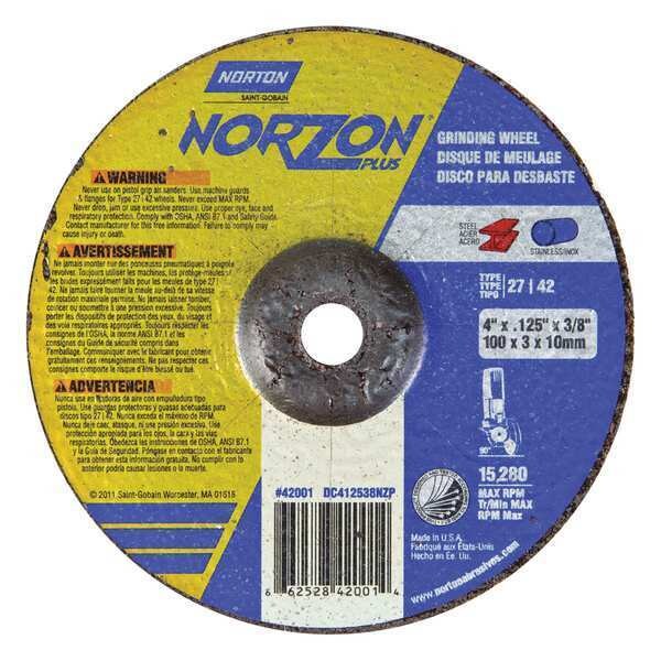 Norton Abrasives Depressed Center Cut-Off Wheel, Type 27, 4 in Dia, 0.125 in Thick, 3/8 in Arbor Hole Size, Ceramic - 66252842001