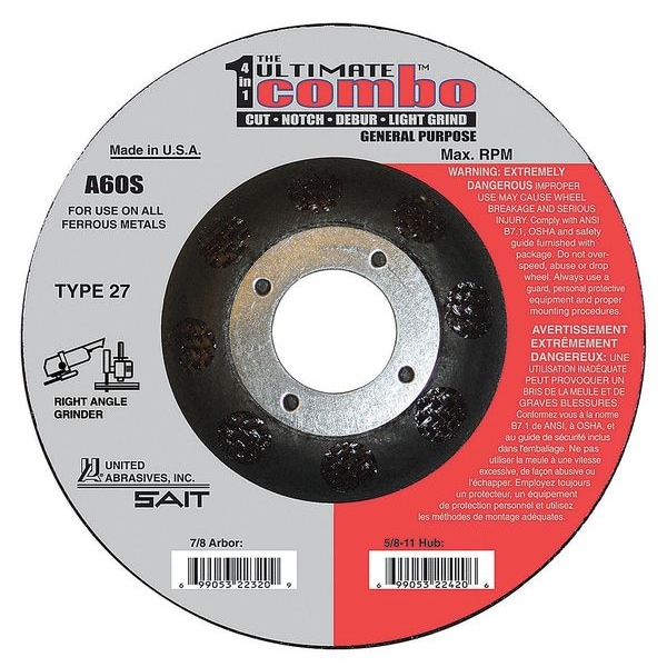 United Abrasives/Sait Depressed Center Cut-Off Wheel, Type 27, 4 1/2 in Dia, 0.095 in Thick, 7/8 in Arbor Hole Size - 22320