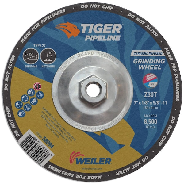 Weiler 7" x 1/8" TIGER Pipeline, Z30T, 5/8"-11 Nut - 58094