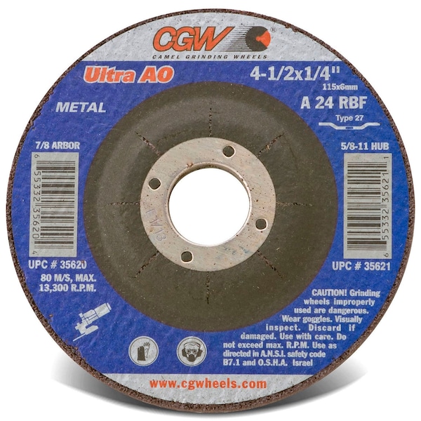 Cgw Camel Grinding Wheels. CGW Abrasives Depressed Center Wheel 4-1/2 x 1/4 x 5/8- 11 INT T27 24 Grit Aluminum Oxide - 35621