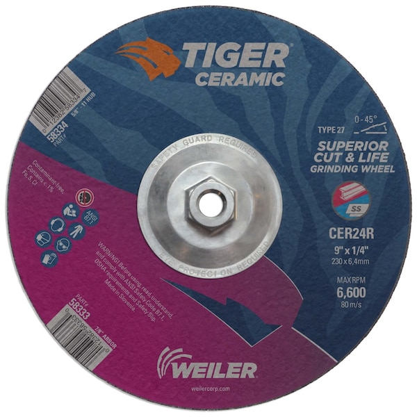 Weiler 9" x 1/4" TIGER CERAMIC Type 27 Grinding Wheel CER24R 5/8-11 Nut - 58334