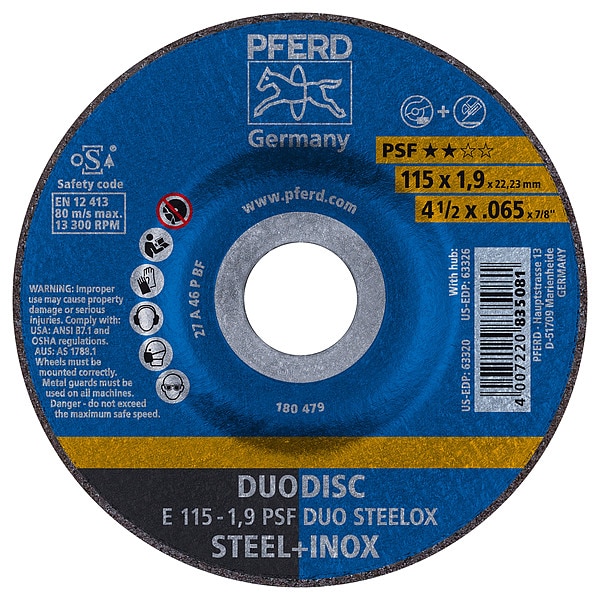 Pferd Duodisc Wheel, Psf Inox, 4-1/2"x.065"x7/8", Type 27, 7/8 in Arbor Hole Size, Aluminum oxide - 63320