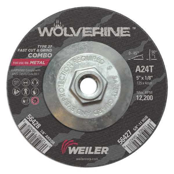 Weiler Cutting Wheel, Type 27, 5 in Dia, 0.125 in Thick, 5/8 in-11 UNC Nut Arbor Hole Size, Aluminum Oxide - 56427
