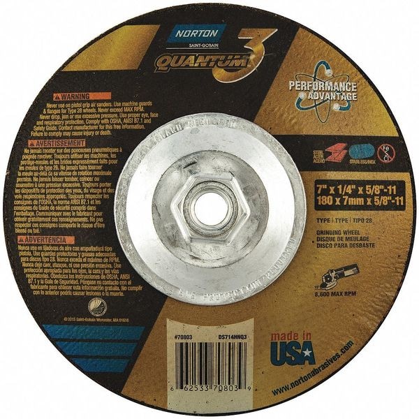 Norton Abrasives Depressed Center Wheel, Grinding, 7 in Dia, 1/4 in Thick, 5/8 in-11 Arbor Hole Size, Ceramic - 66253370803