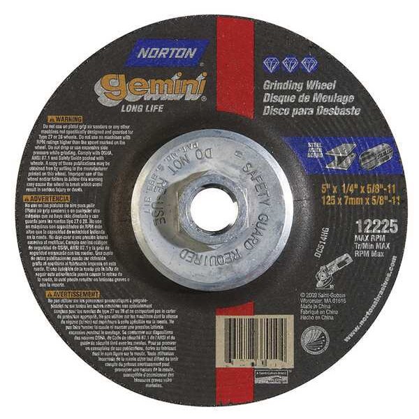 Norton Abrasives Depressed Center Grinding Wheel, Type 27, 5 in Dia, 0.25 in Thick, 5/8"-11 Arbor Hole Size, 24 Grit - 66252843597