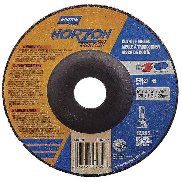 Norton Abrasives Depressed Center Cut-Off Wheel, Type 27, 4 1/2 in Dia, 0.125 in Thick, 5/8"-11 Arbor Hole Size - 66252843321