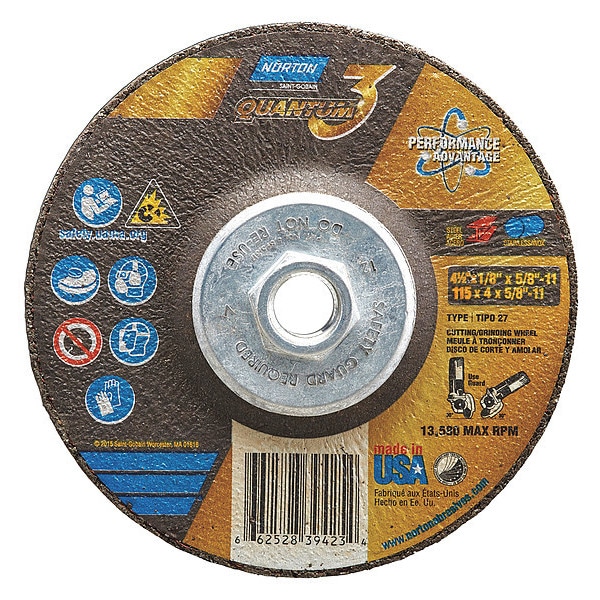 Norton Abrasives Cut-Off & Grinding Wheel, Type 27, 4 1/2 in Dia, 0.125 in Thick, 5/8"-11 Arbor Hole Size, Ceramic - 66252839423