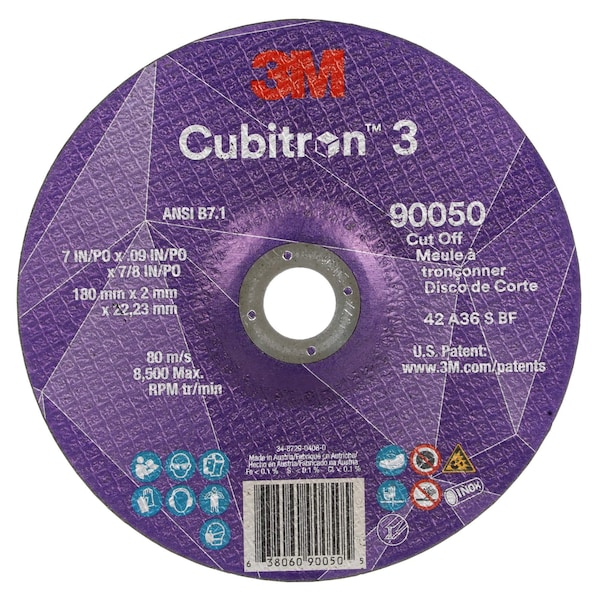3M Cubitron Cut-Off Wheel, Type 27, 7 in Dia, 0.09 in Thick, 7/8 in Arbor Hole Size, Ceramic, 36 Grit - 90050