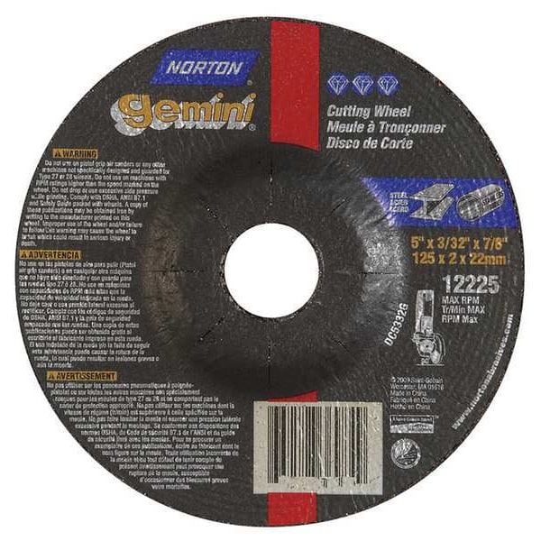 Norton Abrasives Depressed Center Cut-Off Wheel, Type 27, 5 in Dia, 0.0938 in Thick, 7/8 in Arbor Hole Size, 24 Grit - 66252843587
