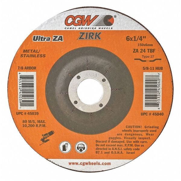 Cgw Abrasives Depressed Ctr Whl, 6x1/4x5/8-11, T27 - 45040