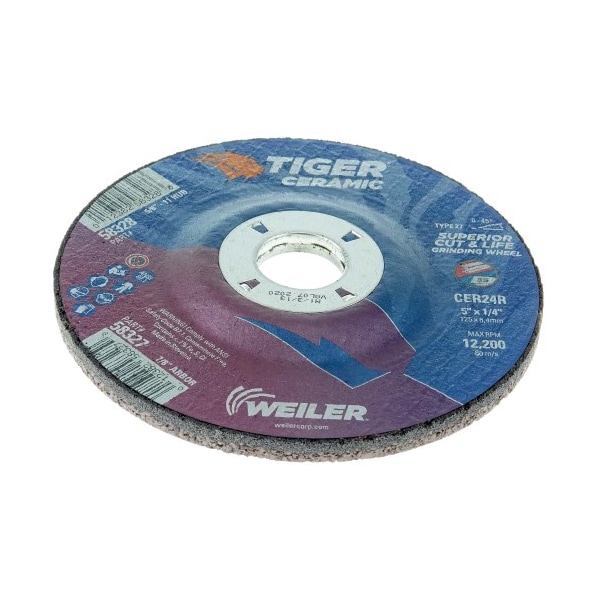 Weiler 5" x 1/4" TIGER CERAMIC Type 27 Grinding Wheel CER24R 7/8 A.H. - 58327